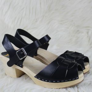 Swedish Hasbeens Low Heel Peep Toe Clogs Sandals
